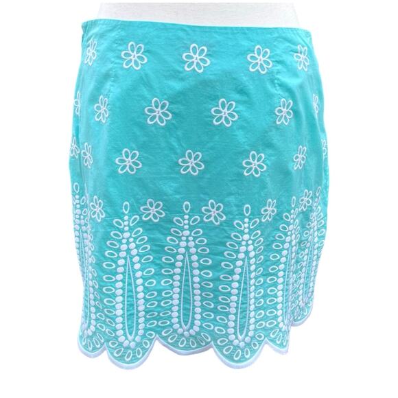 Aqua Embroidered Mini Skirt Floral Eyelet Scalloped Hem Summer Spring Cute - Picture 4 of 5